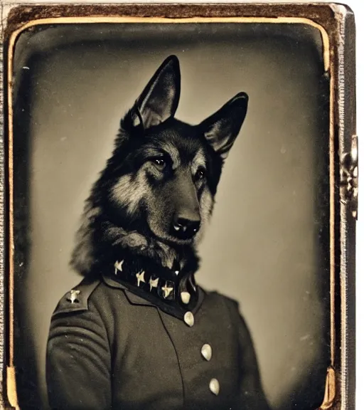 Image similar to professional studio photo portrait of anthro anthropomorphic german shepard head animal person fursona serious wearing elaborate military general uniform clothes degraded medium by Louis Daguerre daguerreotype tintype