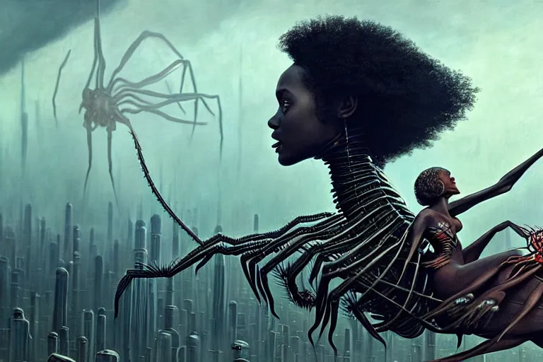 Image similar to realistic detailed closeup portrait movie shot of a beautiful black woman riding a giant spider, dystopian city landscape background by denis villeneuve, amano, yves tanguy, alphonse mucha, max ernst, ernst haeckel, edward robert hughes, roger dean, cyber necklace, rich moody colours, sci fi patterns, wide angle