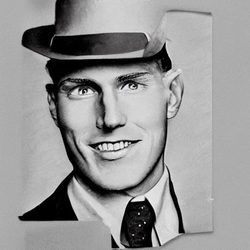 Image similar to A photograph portrait of Jerma985 wearing a suit with and fedora in the 1940s, taken in the early 1940s, grainy, taken on a 940s Kodak Camera, realistic, hyperrealistic, very realistic, highly detailed, very detailed, extremely detailed, detailed, digital art, trending on artstation