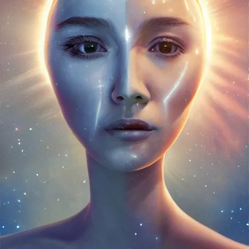 Prompt: sci - fi, close - up, 3 d, moon rays, night, smiling fashion model face, cinematic, clouds, sun rays, vogue cover style, poster art, blue mood, realistic painting, intricate oil painting, high detail illustration, figurative art, multiple exposure, poster art, 3 d, by tooth wu and wlop and beeple and greg rutkowski