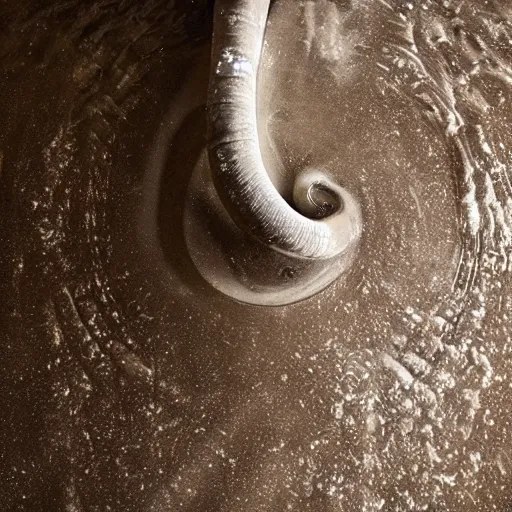Image similar to dreamlike photo of an elephant trunk coming up the shower drain