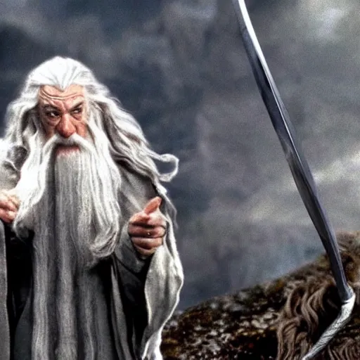 Image similar to Gandalf explains that he killed the Balrog. He was also killed in the fight, but was sent back to Middle-earth to complete his mission. He is clothed in white and is now Gandalf the White, for he has taken Saruman's place as the chief of the wizards.