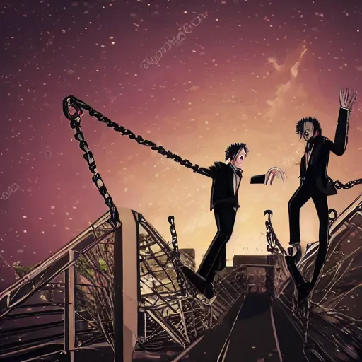 Image similar to two young men, one man human, one man vampire, night, on a birdge, in the style of one piece