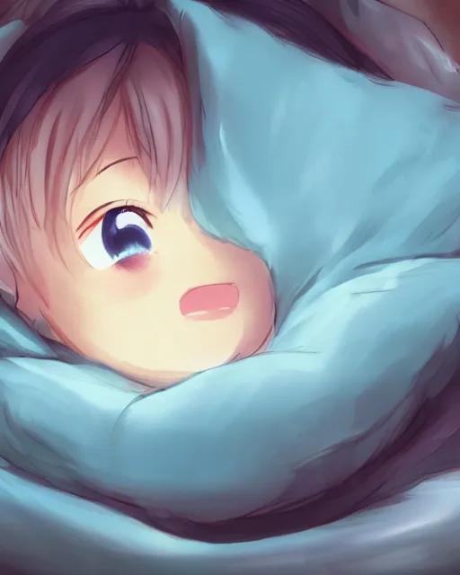 Prompt: hugging a blanket tightly, anime concept art, ambient cozy lighting, fluffy blue blanket, cute