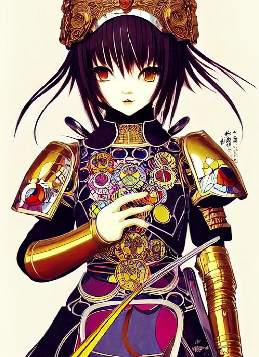 Image similar to takashi murakami, ilya kuvshinov, anime female knight in. ornate armor by, last exile, murata range, fine detail, perfect, dramatic lighting, dynamic composition, art deco, cel shading, vivid, rich texture, alphonse mucha, ( ( ( colorful ) ) ), ( ( ( yoshinari yoh ) ) ),