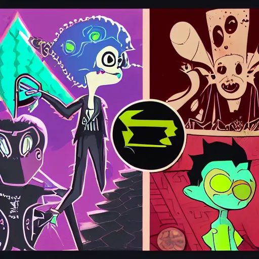 Image similar to psychic punk rocker vampiric electrifying rockstar with vampire squid head concept character designs of various shapes and sizes by genndy tartakovsky and splatoon by nintendo and the psychonauts franchise by doublefine tim shafer artists as well as the artist for the haunted mansion ride characters for the new hotel transylvania film