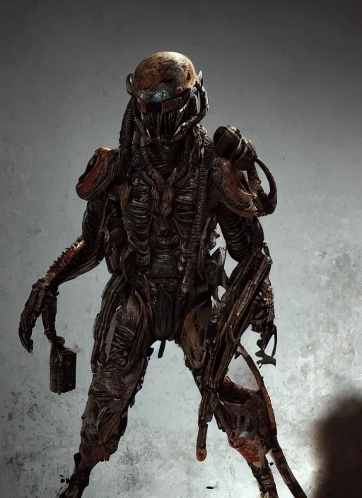 Image similar to a photorealistic dramatic hyperrealistic render of predator the alien hunter, ultra realistic details, well worn, rust, oil stains designed by vitaly bulgarov and mike nash, beautiful dramatic dark moody tones and lighting, cinematic atmosphere, studio lighting, global illumination, shadows, dark background, octane render, 8 k