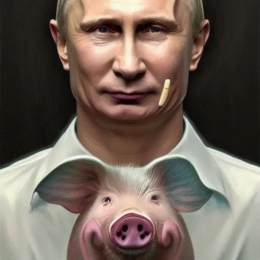 Prompt: portrait of Vladimir Putin with a pig nose, pig nose, pig nose, looking at camera, intricate, extremely detailed, digital painting, artstation, concept art, smooth, sharp focus, illustration, intimidating lighting, incredible art by artgerm and greg rutkowski and alphonse mucha and simon stalenhag