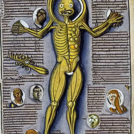 Image similar to anatomy of spongebob, page from an old 1 4 th - century encyclopaedia