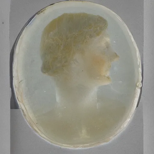 Image similar to a studio portrait of chalcedony with the letter r in the banding white background