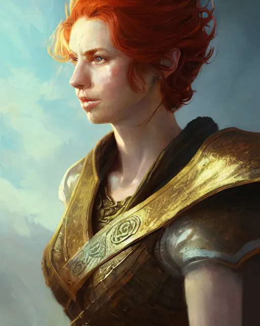 Image similar to the elder scrolls vi, charismatic rugged female redhead breton mage portrait, illustration, rim light, top light, perfectly shaded, golden hour, epic, intricate, soft painting, art by ross tran, krenz cushart and wenjun lin