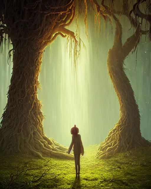 Image similar to highly detailed surreal vfx portrait of a cursed monster in a shadowy forest by a willow tree, stephen bliss, unreal engine, greg rutkowski, loish, rhads, beeple, makoto shinkai and lois van baarle, ilya kuvshinov, rossdraws, tom bagshaw, alphonse mucha, global illumination, detailed and intricate environment