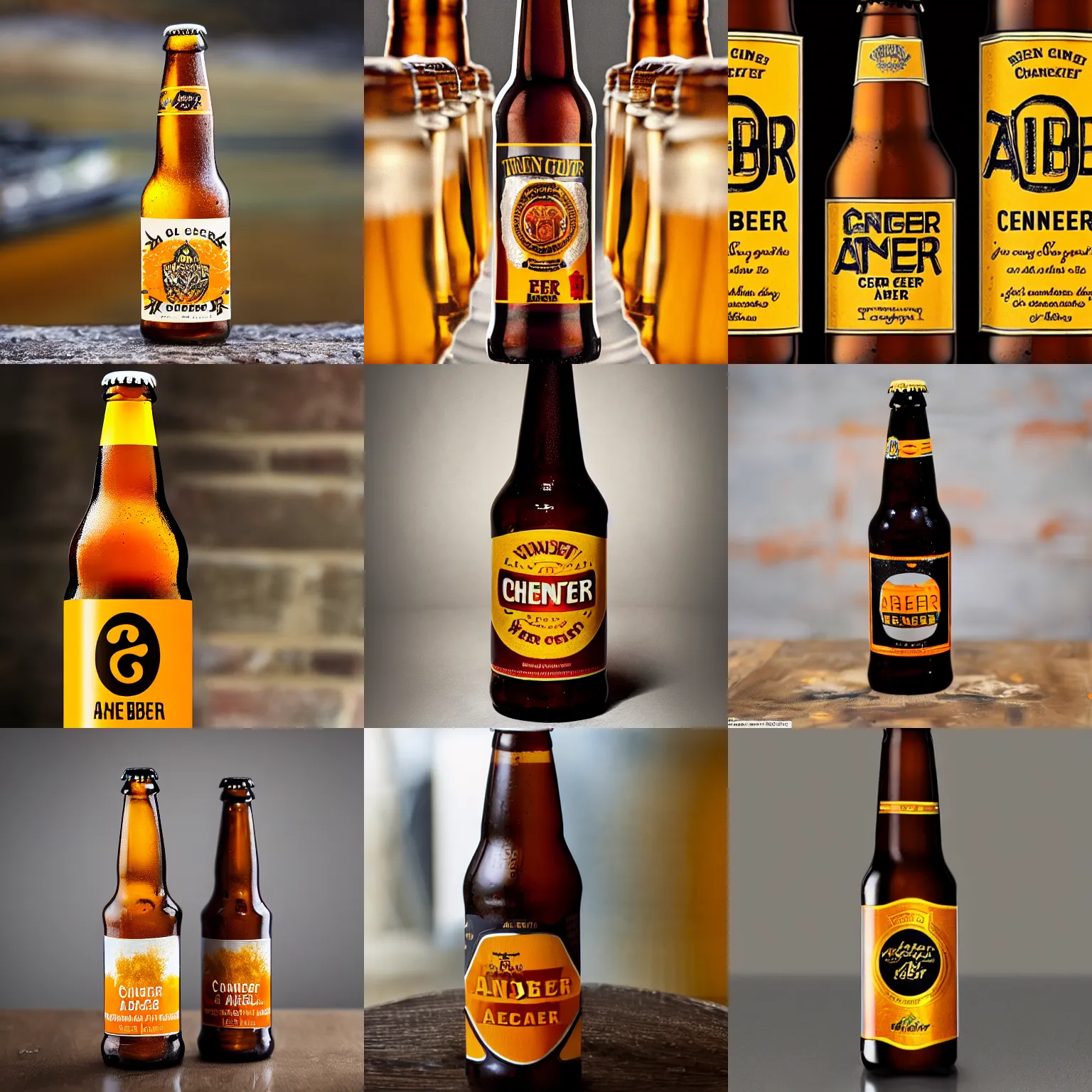Prompt: a amber beer bottle with yellow and orange label that says the chancer golden ale