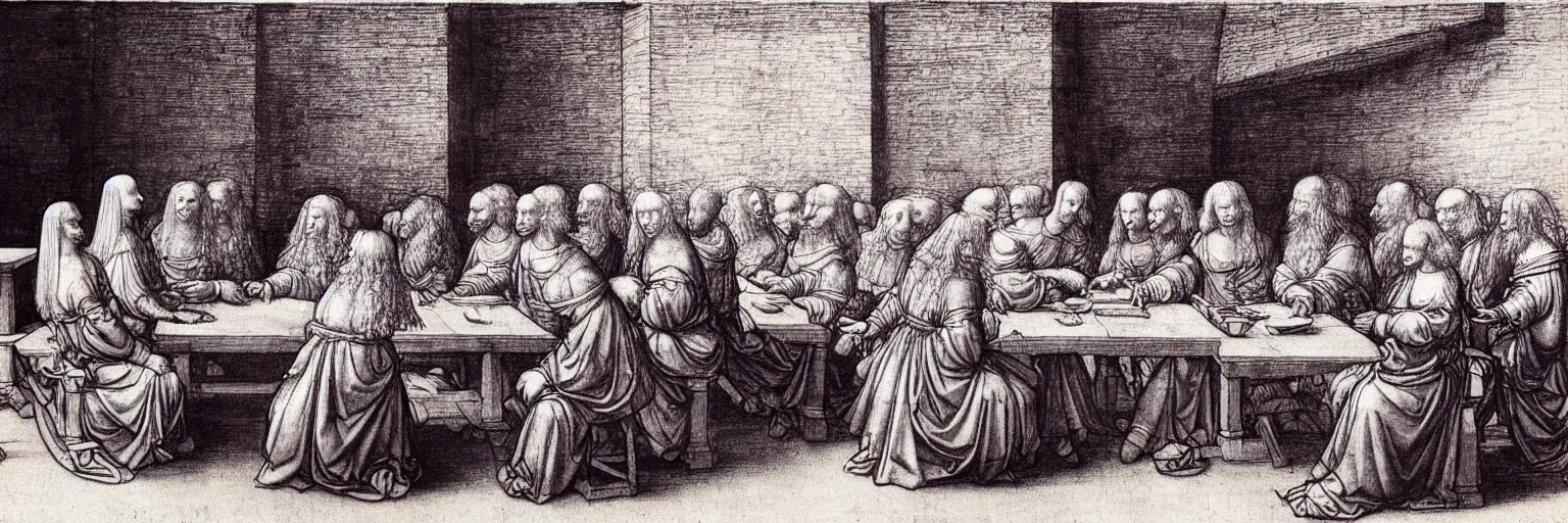 Image similar to a beautiful Leonardo Davinci illustration of a table where smart people sit and listen to a TED lecture