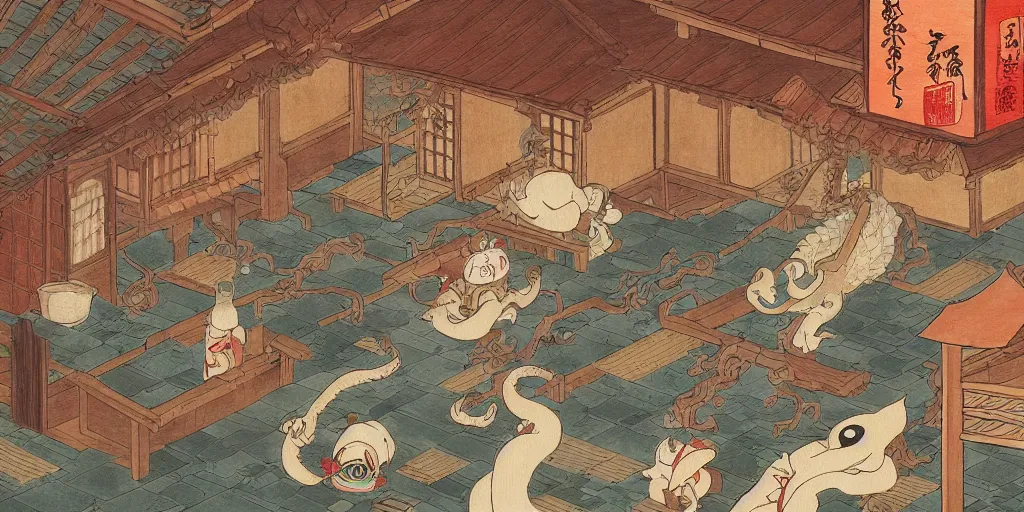 Image similar to an edo - period japanese bath - house filled with wacky characters and spirits. a stunned dragon has crashed through the wooden wall. fantasy art, painting, by studio ghibli, hayao miyazaki, high resolution wallpaper, colorful painting