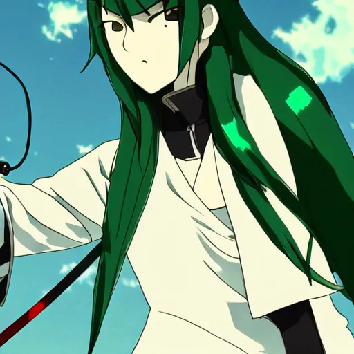 Image similar to fencer, anime style, green hair, dark, makoto shinkai, animated, animation, detailed, illustration, moody