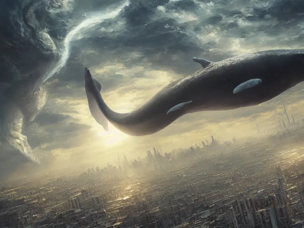 Prompt: floating giant alien whale over a big city, waves, people walking, lots of moons, darek zabrocki, karlkka, jayison devadas, phuoc quan, trending on artstation, 8 k, ultra wide angle, pincushion lens effect.