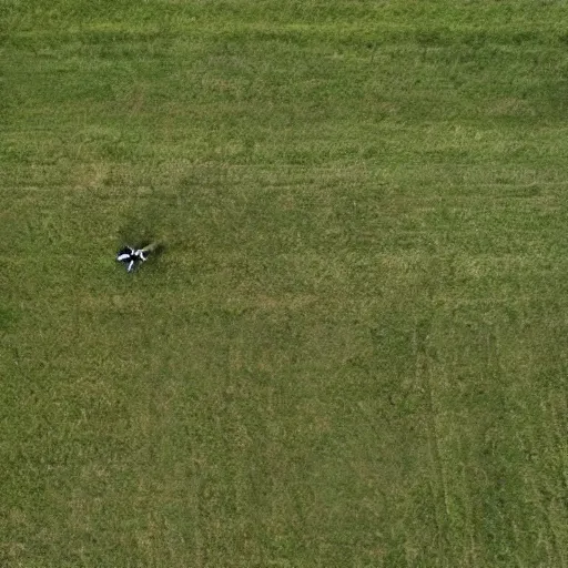 Prompt: military drone view of epstein chasing kids through a field