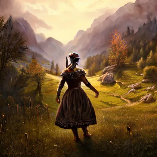 Image similar to the elder scrolls vi, small farmhouse, village girl in dirndl, mountainous sloping meadow and slightly forested background, atmospheric lighting, painted, intricate, volumetric lighting, beautiful, rich deep colors masterpiece, sharp focus, ultra detailed by leesha hannigan, ross tran, thierry doizon, kai carpenter, ignacio fernandez rios