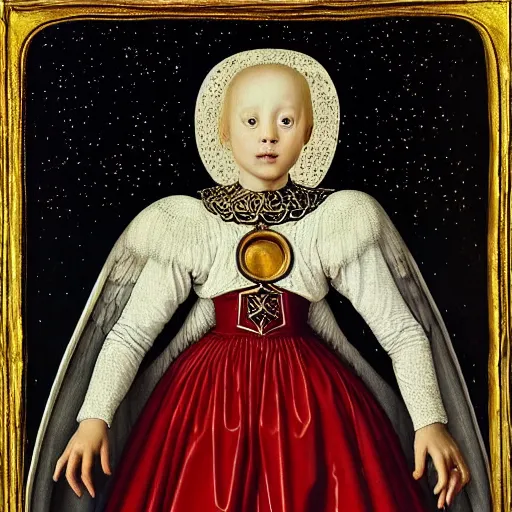 Image similar to highdetailed hyperrealistic of white angel!!! giant ball of miracle light from the chest!!!!!, white sparkles everywhere, lot of fire and stars overhead!!!, by jan van eyck, holography space, glow effect, large strokes, clean lines, white monocolor, oil painting