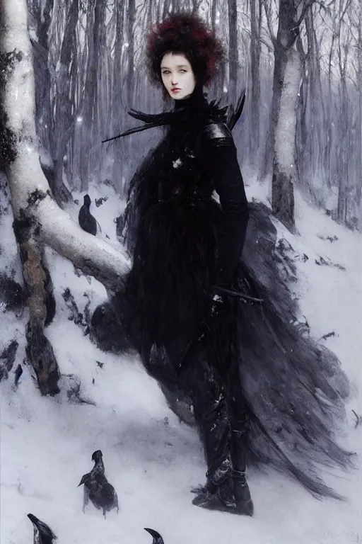 Prompt: portrait of a warrior girl, amazon, australian, refined features, red lips, long snow - white hair, standing in a dark forest, crows, black closed velvet dress, leather armor, iron armor, white boots, fur, clothes alexander mcqueen very beautiful style, photorealism, bouguereau, edgard maxence