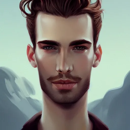 Prompt: tall man in his twenties with brown blond short quiff hair and round facial structure with cleft chin, straight eyebrows, slightly smiling, cheekbones, wide face, shadow of beard, atmospheric lighting, painted, intricate, 4 k, highly detailed by charlie bowater