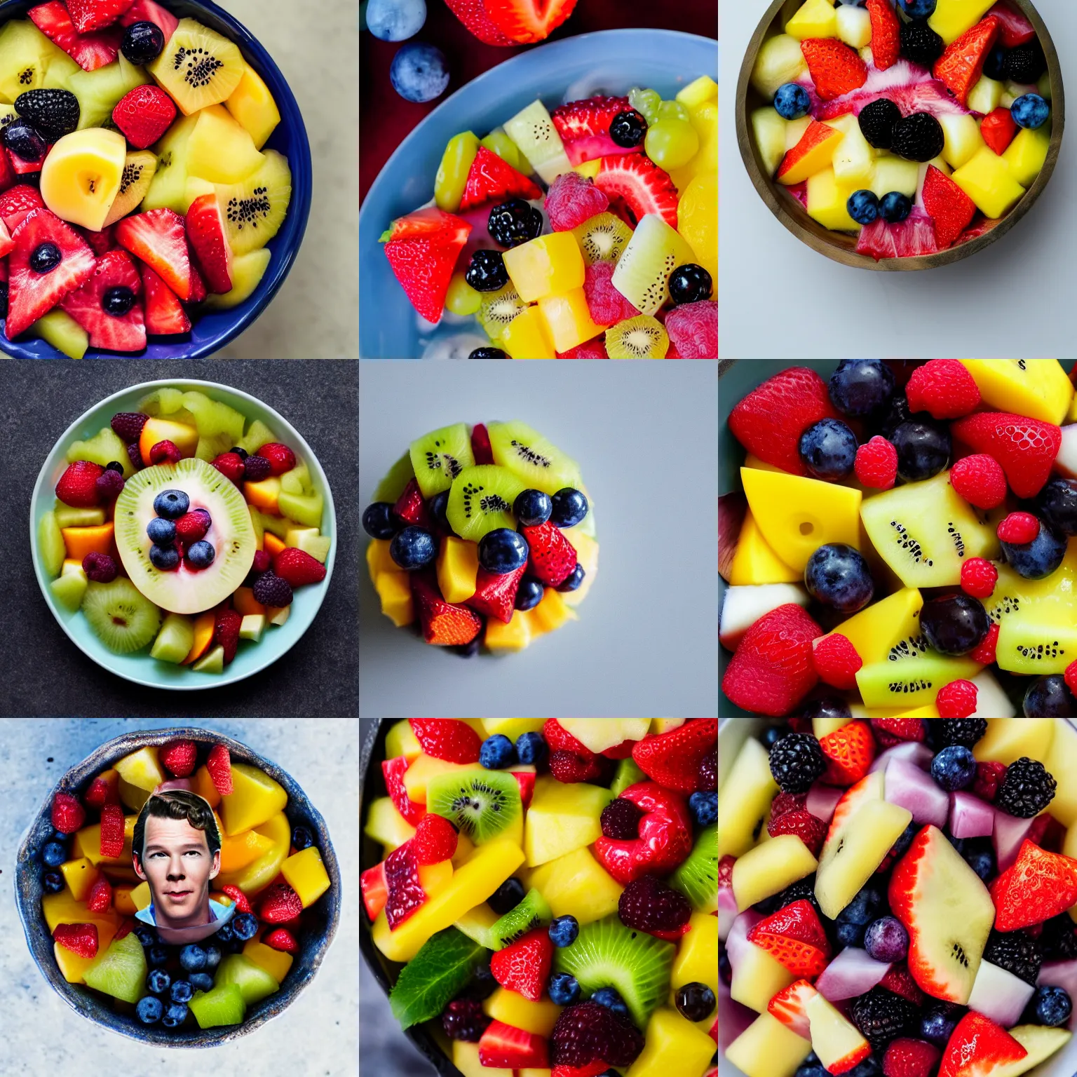 Prompt: a fruit salad with that looks like benedict cumberbatch, macro lens, top view, high quality