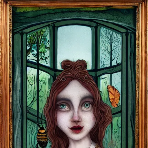 Image similar to a portrait of a woman standing infront of a window, she is happy and has lovely hair and eyes, a man is standing behind her with a look of suprise in his face, 🪴🌳🐝, 8 k, lowbrow, in the style of daniel merriam and alexander jansson,