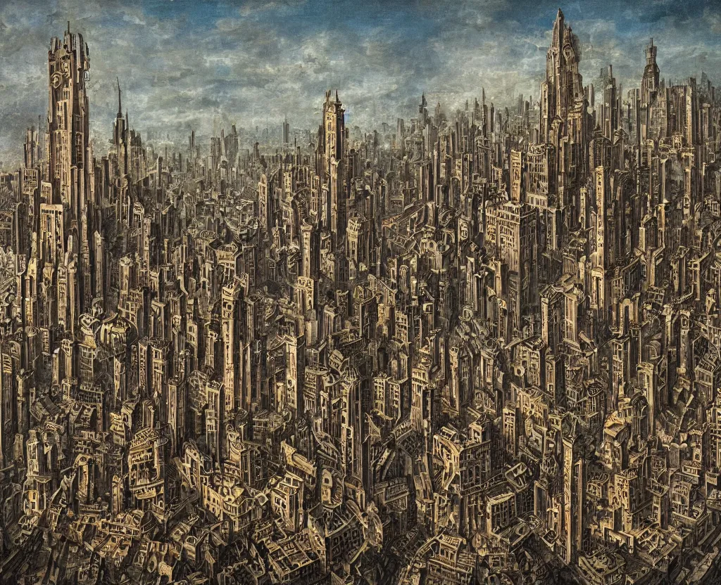 Prompt: a megalopolis in the style of Dystopian gothic surrealism painting