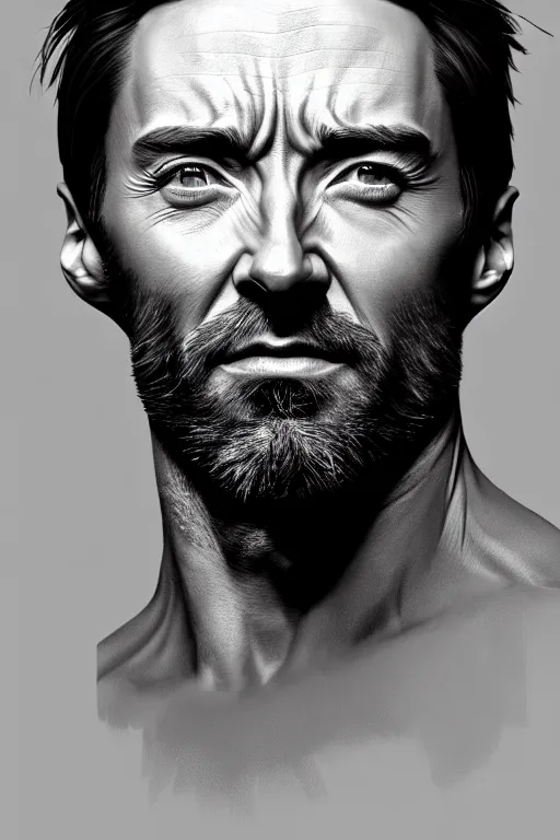 Image similar to ultra detailed close up facial portrait of hugh jackman, extremely detailed digital painting, in the style of fenghua zhong and ruan jia and jeremy lipking and peter mohrbacher, mystical colors, rim light, beautiful lighting, 8 k, stunning scene, raytracing, octane, trending on artstation