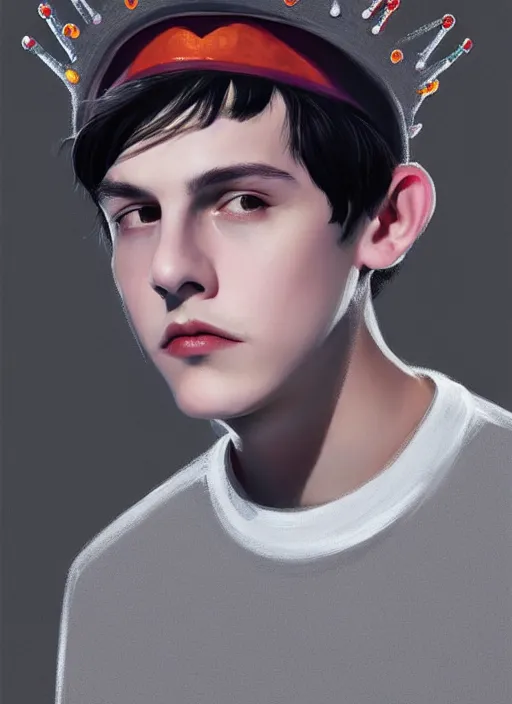 Image similar to portrait of teenage jughead jones wearing a light grey crown, photorealistic, crown, eyes closed, crown, black hair, sweater with letter s on it, letter s, intricate, elegant, glowing lights, highly detailed, digital painting, artstation, concept art, smooth, sharp focus, illustration, art by wlop, mars ravelo and greg rutkowski