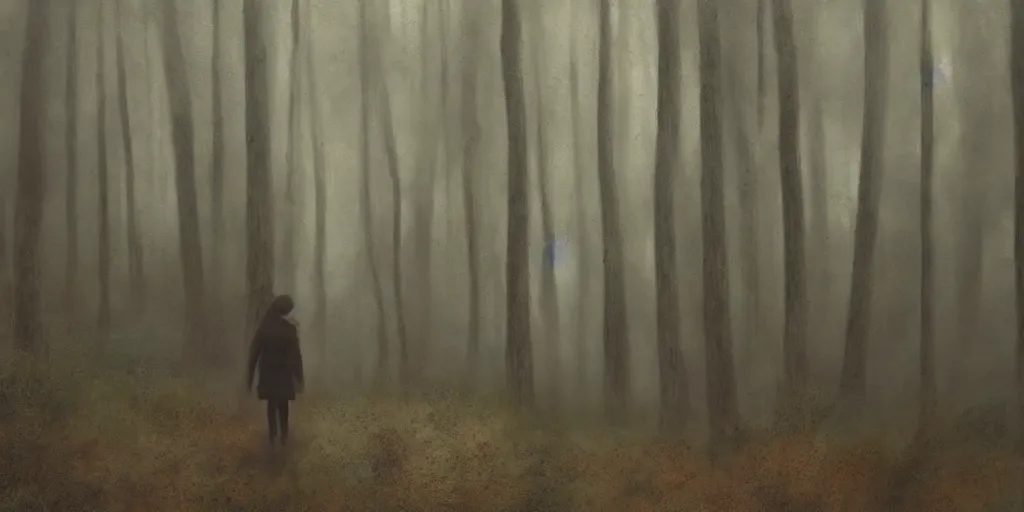 Image similar to a girl in a forest by Aron Wiesenfeld, cinematic, detailed illustration, nature, fog, dark colors, suspense, train the background, intricate, 8k