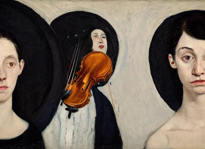 Image similar to portrait of two young nervous violin players getting ready to perform, half figure front, vincent lefevre and pat steir and hilma af klint, psychological, photorealistic, symmetrical faces, intriguing eyes, dripping paint, washy brush, rendered in octane, altermodern, masterpiece