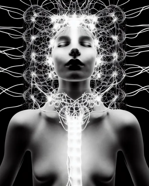 Image similar to black and white spiritual connected young female cyborg - plant goddess high quality photo, microchip, artificial intelligence, bio - mechanical bio - luminescence, black wired cables, neurons, nerve cells, cinematic, rim light, photo - realistic, elegant, high detail, 8 k, masterpiece, high fashion