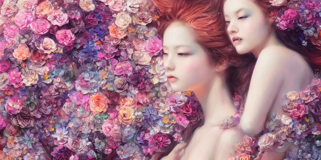 Image similar to breathtaking detailed concept art painting pattern blend of flowers and girls, by soey milk, bizarre compositions, exquisite detail, pastel colors, 8 k