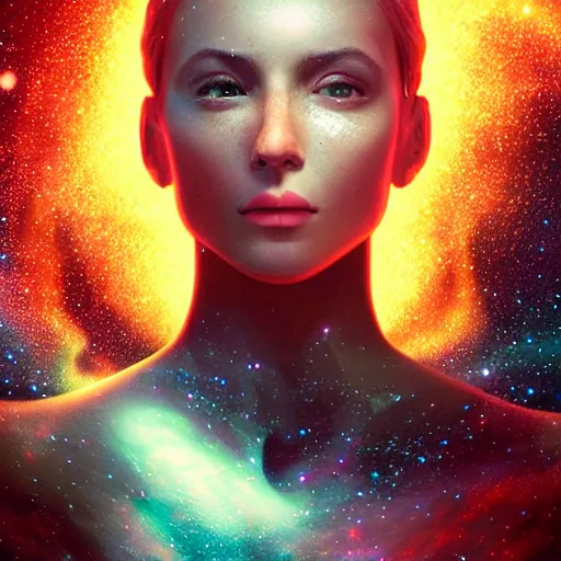 Image similar to woman portrait made out of galaxies floating in space, saturn, highly detailed, beautiful, realistic, comic book art, unreal engine, octane render, sharp focus, spaceship