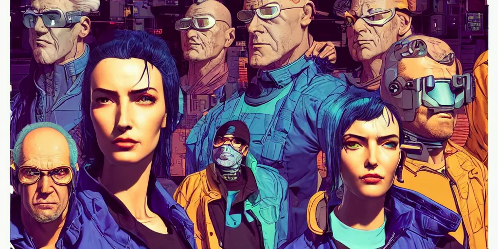 Image similar to cyberpunk heist crew. portrait by stonehouse and mœbius and will eisner and gil elvgren and pixar. character design. realistic proportions. dystopian. cyberpunk 2 0 7 7 character art, blade runner 2 0 4 9 concept art. cel shading. attractive face. thick lines. hi def 4 k. the team. detailed interesting characters. realistic expressive faces.