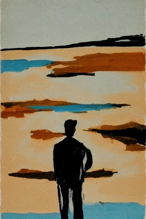 Image similar to man standing by a river, 1960’s minimalist advertising illustration, painterly, expressive brush strokes