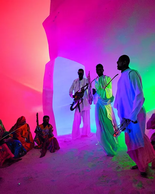 Prompt: Sahel Tuareg musicians dance party opens a fourth dimensional geometric laser neon portal to the north pole, aurora borealis emanates with opalescent light, surrealism, neo-romanticism, rule of thirds