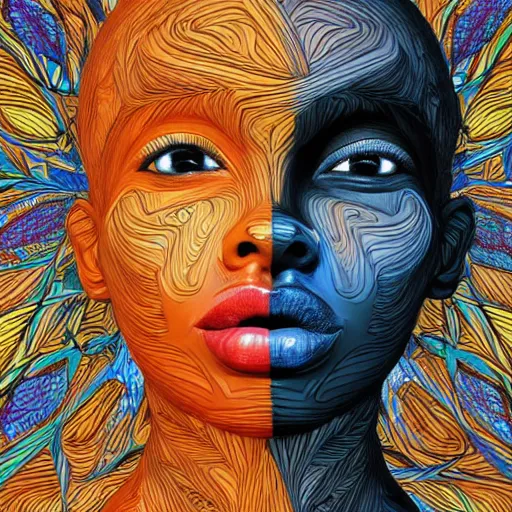 Image similar to the head of a beautiful black woman partially made of carrots and blueberries looking up, an ultrafine detailed illustration by james jean, final fantasy, intricate linework, bright colors, behance contest winner, vanitas, angular, altermodern, unreal engine 5 highly rendered, global illumination, radiant light, detailed and intricate environment