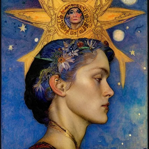 Image similar to queen of the moon with stars in her hair, by annie swynnerton and tino rodriguez and nicholas roerich and lucien freud and jean delville, dramatic lighting, floral tattoos, rich colors, smooth sharp focus, extremely detailed, adolf wolfli