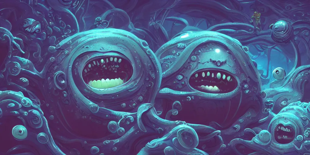 Image similar to of an intricate deep sea with strange cute friendly happy creatures with huge eyes, long tongue, round teeth and goofy funny face, appearing from the background, in the style of gehry and gaudi, macro lens, shallow depth of field, ultra detailed, digital painting, trending artstation, concept art, illustration, cinematic lighting, photorealism, epic, octane render