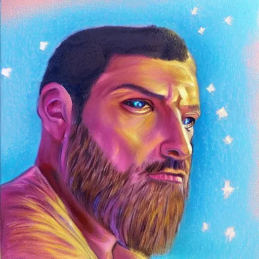 Prompt: a pastel painting of a brooding galactic king staring at the galaxy outside their giant window