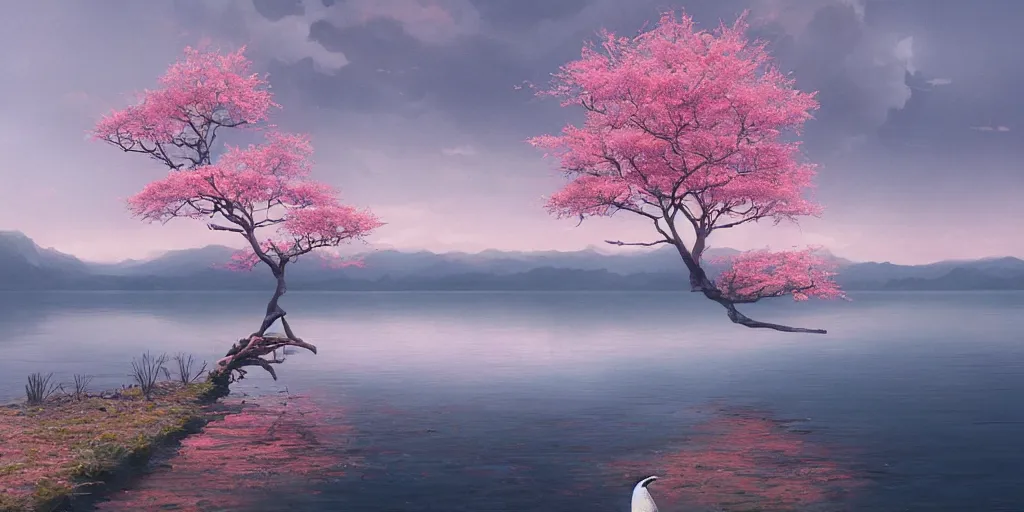 Prompt: vanishing point a single sakura tree upon a lake, viewed from afar, stephen bliss, unreal engine, illustration, fantasy art by greg rutkowski, loish, rhads, ferdinand knab, makoto shinkai and lois van baarle, ilya kuvshinov, rossdraws, tom bagshaw, global illumination, radiant light, minimalist, detailed and intricate environment