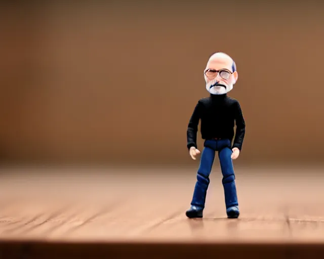 Prompt: steve jobs action figure sad bokeh on wooden table