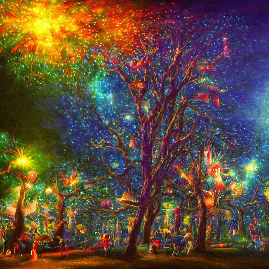 Image similar to closeup of a night carnival around a magical in a summer storm, tree cavity with a music scenario with many fireworks and christmas lights,, volumetric lightning, intense colored god rays in the sky, folklore people disguised with fantastic creatures in a magical forest by summer night, masterpiece painted by rob gonsalves, scene by dark night environment, refraction lights,