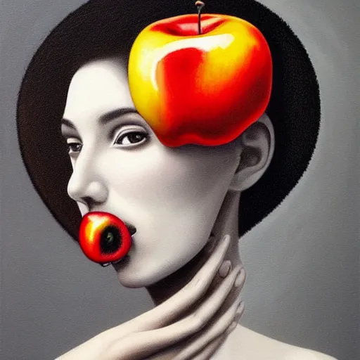 Image similar to a painting of a woman with an apple in her mouth, an ultrafine detailed painting by rafal olbinski, behance contest winner, pop surrealism, detailed painting, skeuomorphic, airbrush art