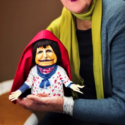 Image similar to portrait of a babushka with a miniature John Oliver puppet