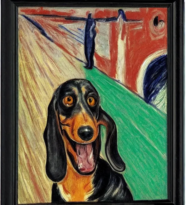 Prompt: dachshund yawning, painted by edvard munch