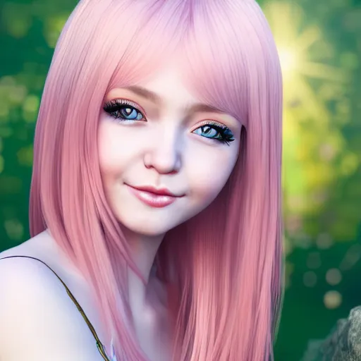 Image similar to beautiful hyperrealism hyperdetailed portrait of nikki from shining nikki dress - up game, a cute young woman, light pink hair, long hair with full bangs, full heart - shaped face, amber eyes, pale skin, light blush, chinese heritage,, smiling softly, golden hour, soft focus, 8 k,